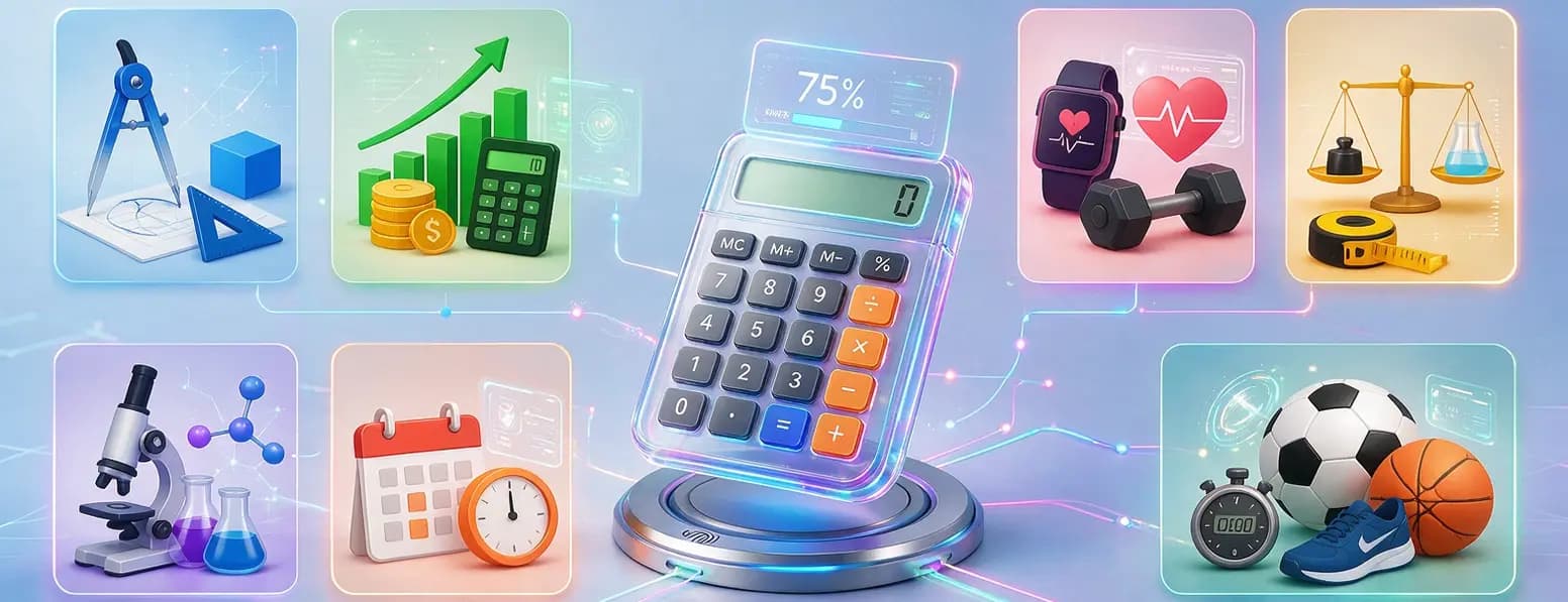 Una calculadora rodeada de iconos que representan calculadoras de matemáticas, finanzas, salud, ciencia, fecha y hora, y deportes